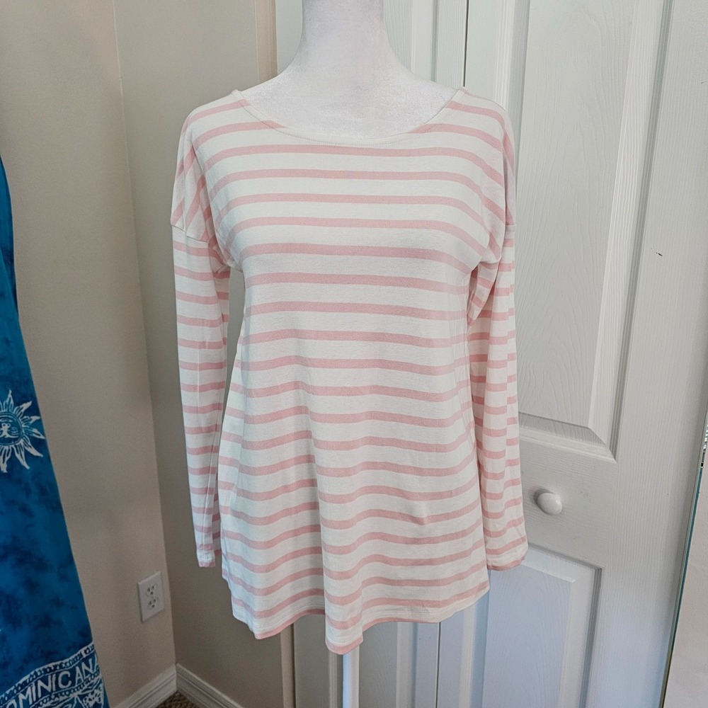 Isabella Oliver Womens 2 Pink White Stripe Cotton Maternity Top Long Sleeve